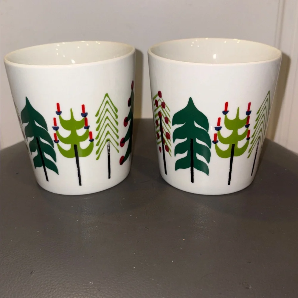 Set of 2 Vintage Crate&Barrel Jenny Bowers Christmas Tree Mugs from 2014, 16 Oz